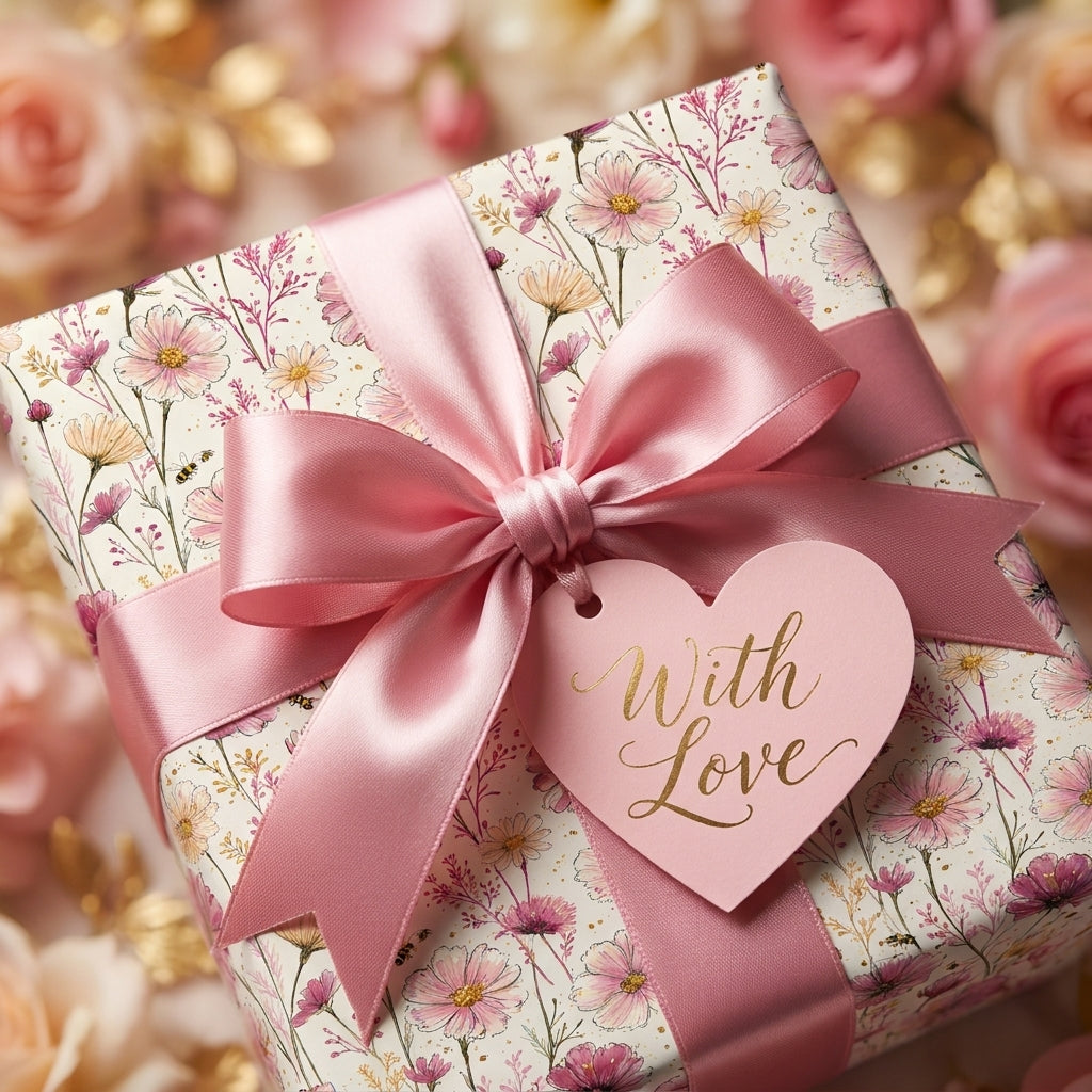 Elegant pink floral wrapping paper with a satin bow and "With Love" heart tag by Wrapped Studios.