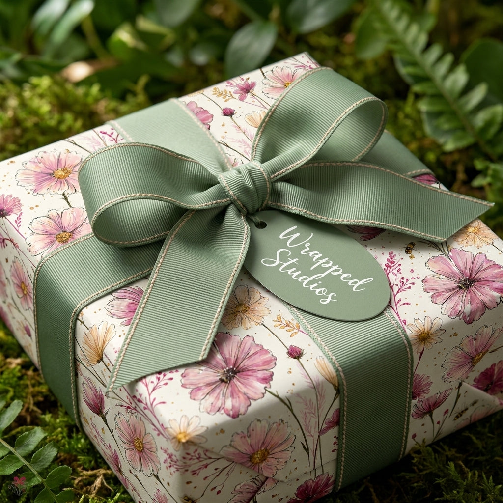 Elegant wildflower floral wrapping paper with a sage green ribbon bow by Wrapped Studios.