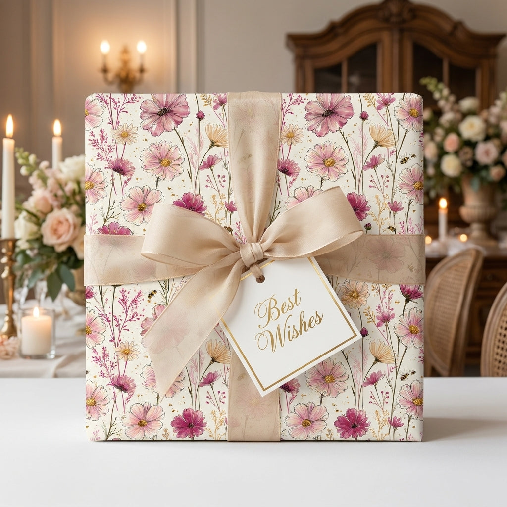 Luxury floral wrapping paper with a champagne bow and "Best Wishes" tag by Wrapped Studios.