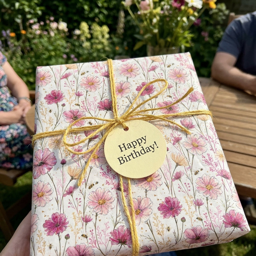 Pink floral birthday wrapping paper with yellow twine and gift tag by Wrapped Studios.