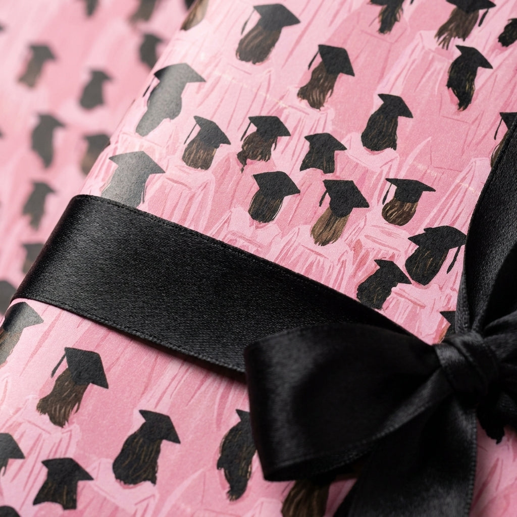 Pink graduation wrapping paper with a cap and gown pattern and black satin ribbon bow by Wrapped Studios.