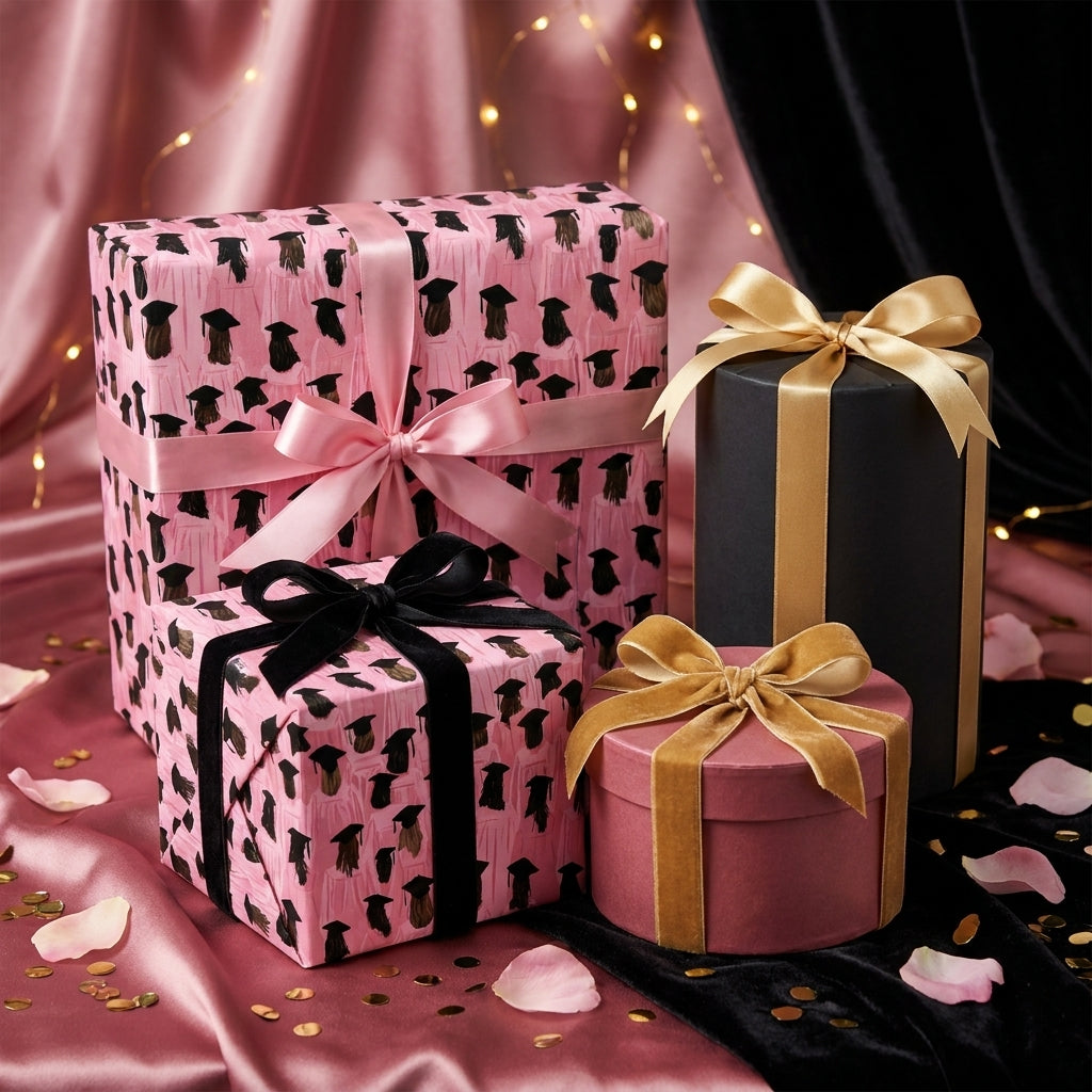Pink graduation wrapping paper with graduate cap illustrations on luxury gift boxes by Wrapped Studios.