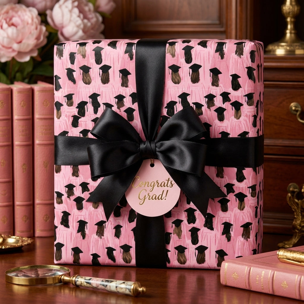 Pink graduation wrapping paper with a black satin bow and "Congrats Grad" tag by Wrapped Studios.