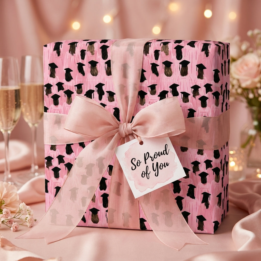 Elegant pink graduation wrapping paper with cap pattern and "So Proud of You" tag by Wrapped Studios.