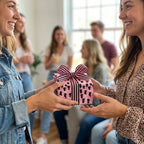 Friends exchanging a gift in pink graduation wrapping paper with a striped bow. Wrapped Studios.