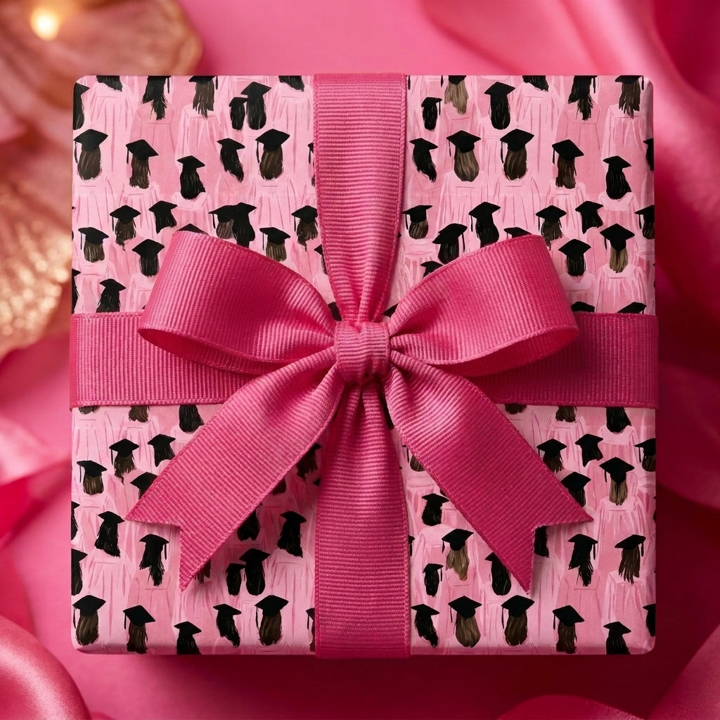 Pink graduation wrapping paper with illustrated graduates and a hot pink bow by Wrapped Studios.