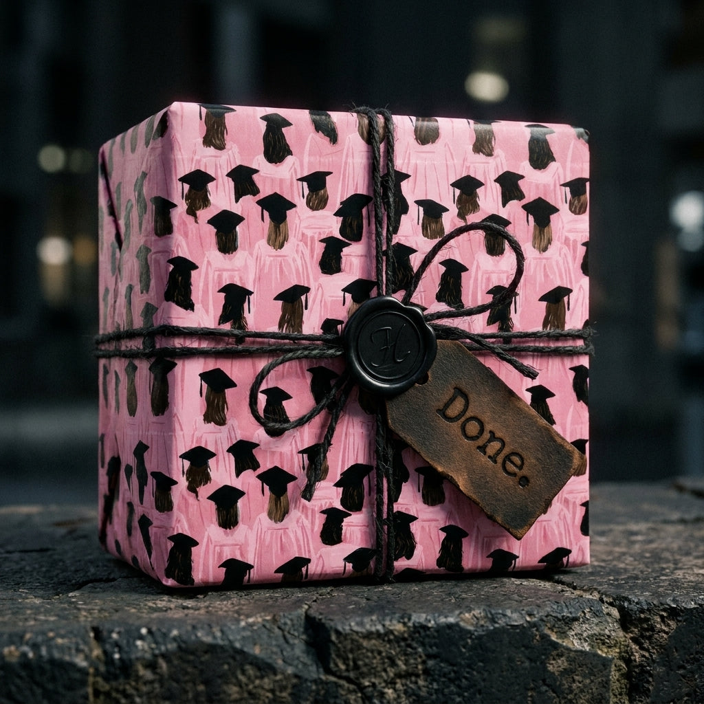 Pink graduation wrapping paper with cap pattern on a gift box with black twine and Done tag by Wrapped Studios.