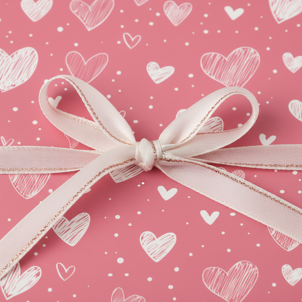 Pink heart wrapping paper with a white ribbon bow for Valentine's Day or a romantic gift.