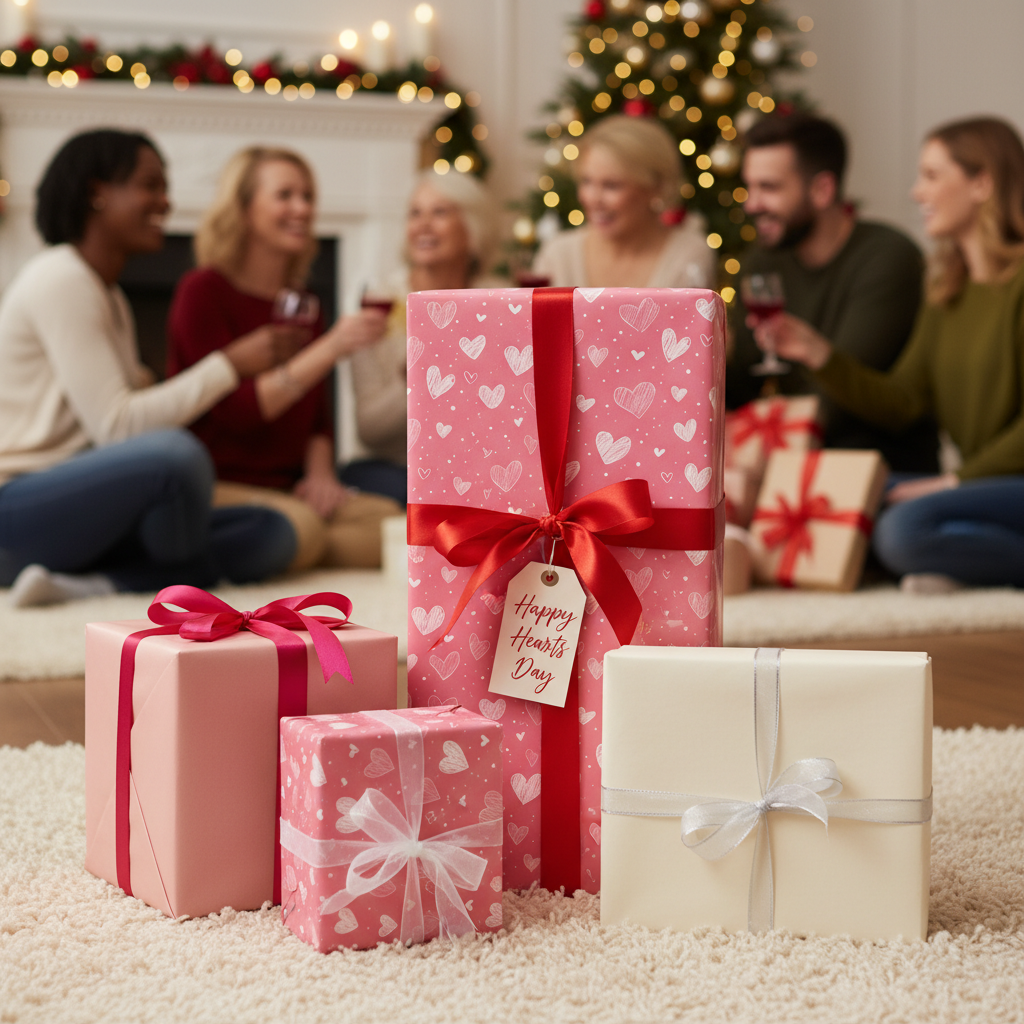 Valentine's Day pink heart wrapping paper with red and white bows, surrounded by festive gifts in a cozy home setting with people celebrating.