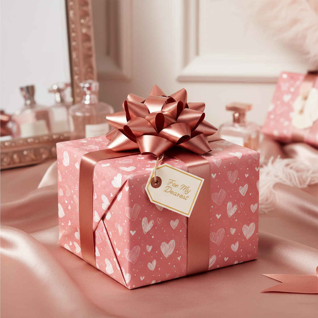 Pink heart-patterned luxury wrapping paper with a rose gold bow and "For My Dearest" tag, perfect for romantic or birthday gifts.
