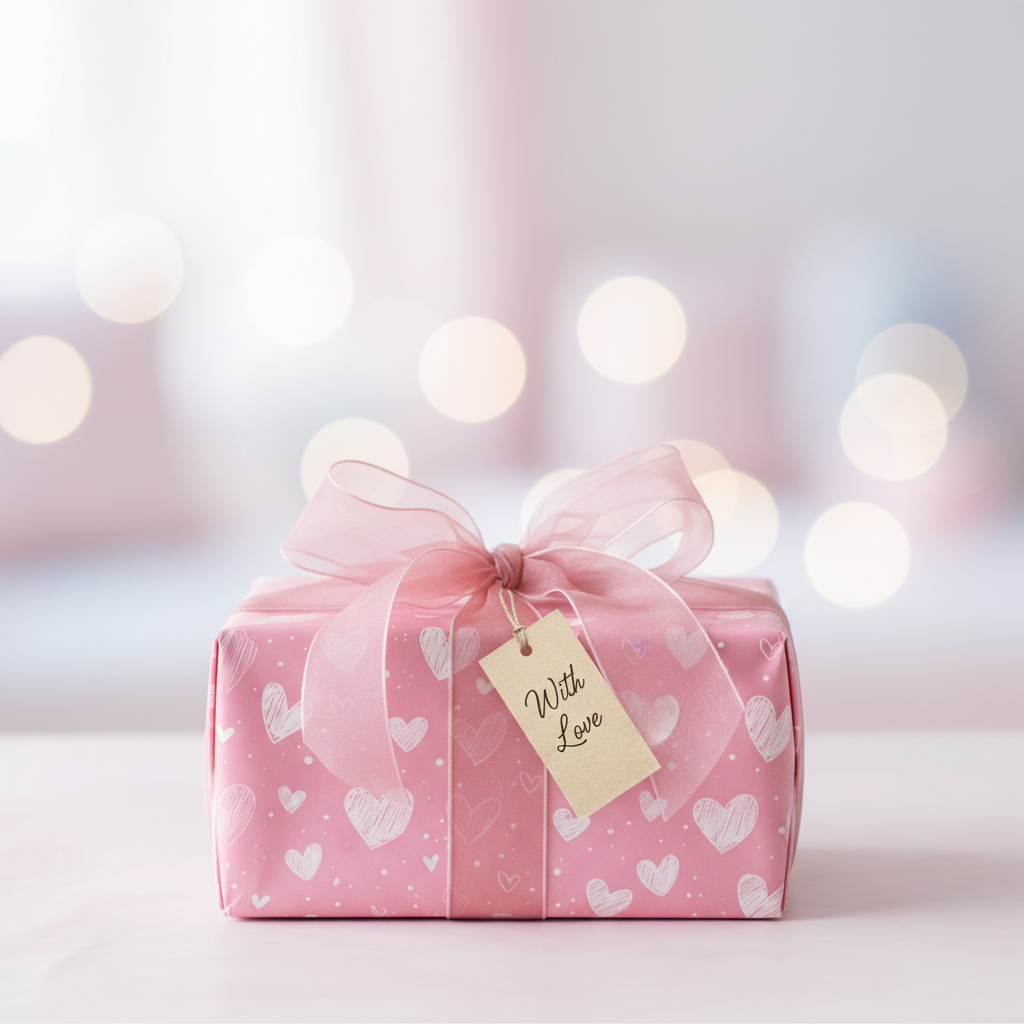 Pink heart-patterned gift box with sheer ribbon and "With Love" tag, perfect for romantic, Valentine's, or baby shower celebrations.