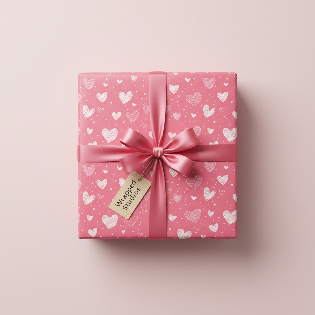 Pink wrapping paper with white hand-drawn hearts, a satin ribbon bow, and a "Wrapped Studios" gift tag, perfect for Valentine's Day or birthday gifts.