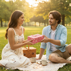Couple exchanges a pink heart-patterned gift on a picnic blanket, romantic outdoor present exchange.