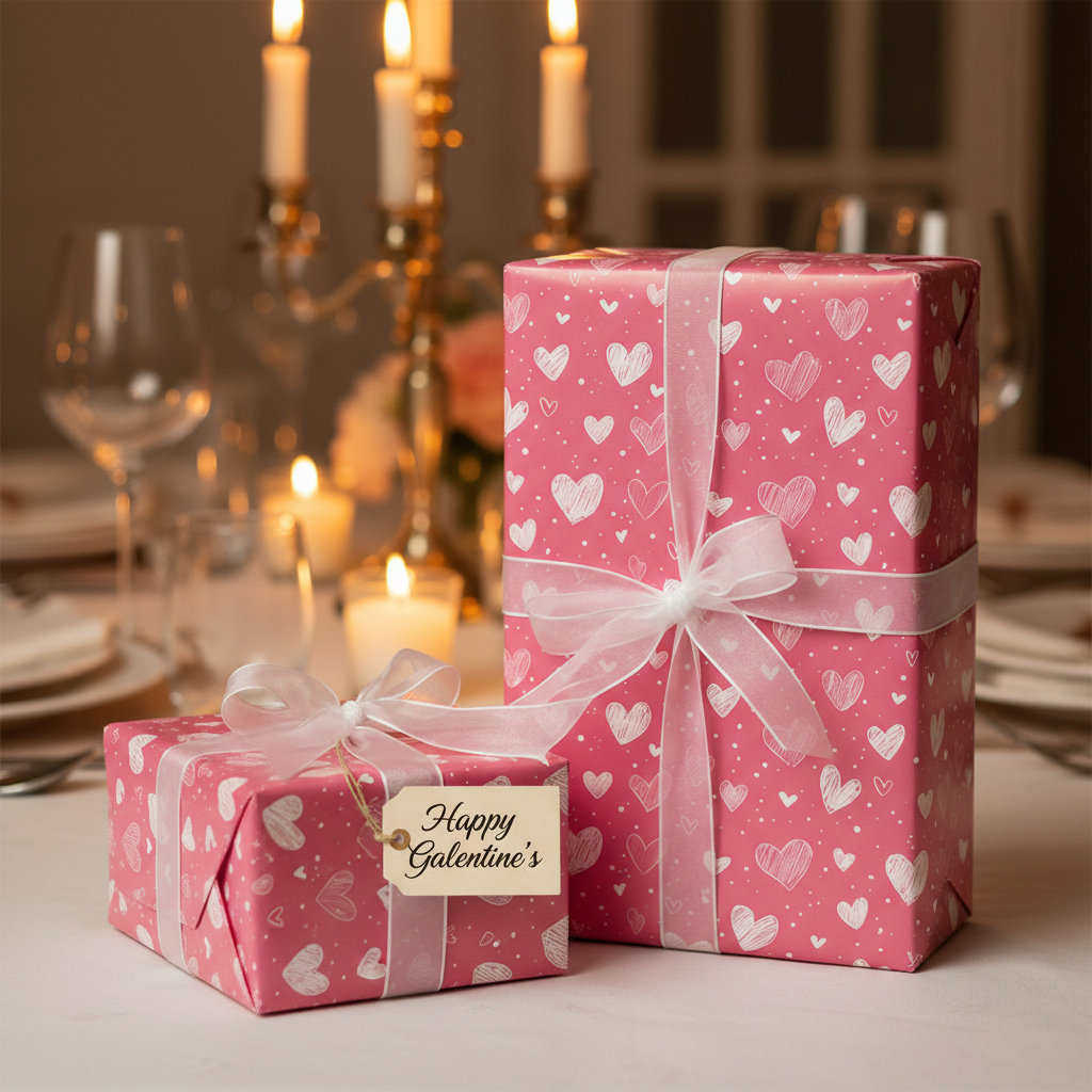 Pink Galentine's Day wrapping paper with white heart pattern and white sheer ribbon, on a candlelit dining table.
