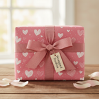 Pink hearts wrapping paper for Valentine's Day or wedding gifts, tied with a matching pink ribbon and gift tag, on a rustic wooden table.
