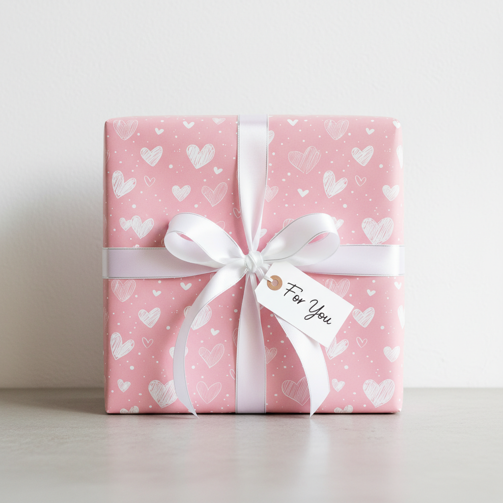 Pink hearts wrapping paper with white ribbon and a "For You" tag, perfect for a romantic or birthday gift.