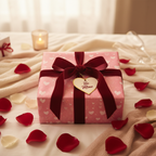 Pink Valentine's Day wrapping paper with heart pattern, deep red velvet ribbon, "Be Mine" tag, and rose petals for romantic gift wrap.