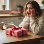 Surprised woman marvels at a pink heart-patterned gift box with a red ribbon, perfect for Valentine's Day or birthday wrapping paper.
