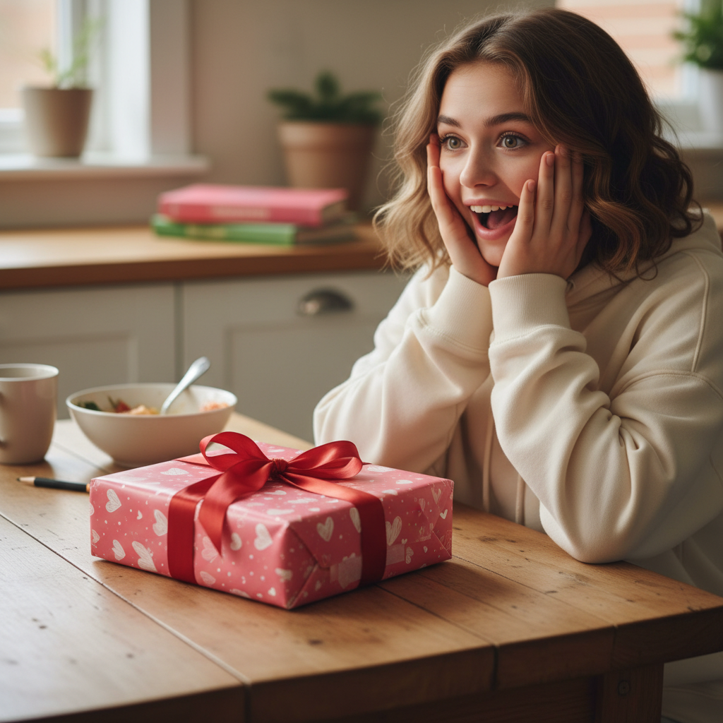 Surprised woman marvels at a pink heart-patterned gift box with a red ribbon, perfect for Valentine's Day or birthday wrapping paper.
