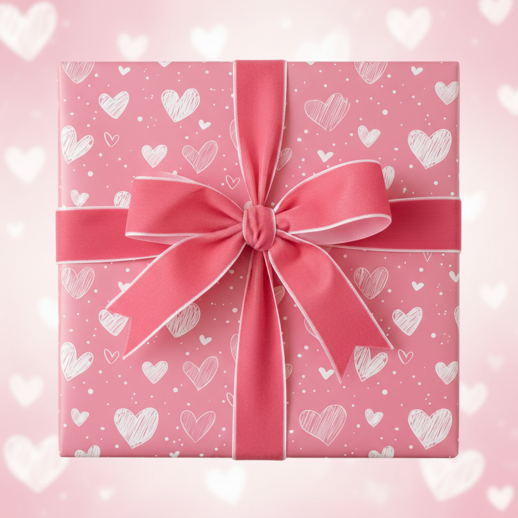 Pink heart wrapping paper with a dark pink ribbon and bow, perfect for Valentine's Day or romantic gifts.