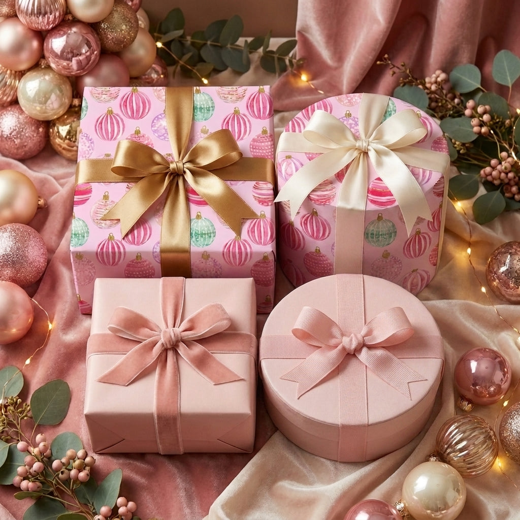 Luxury pink Christmas wrapping paper with ornament patterns and elegant ribbons by Wrapped Studios.