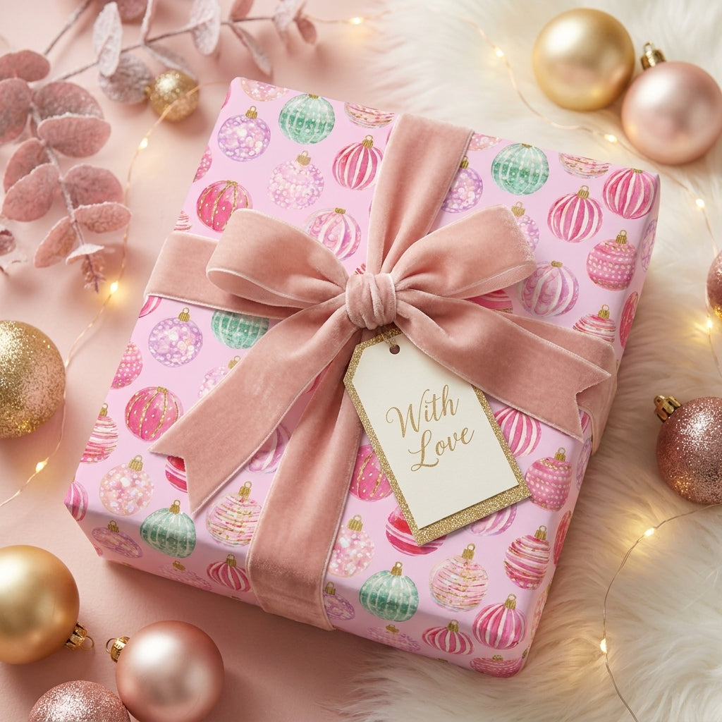 Elegant pink Christmas wrapping paper with watercolor ornament pattern and velvet bow by Wrapped Studios.