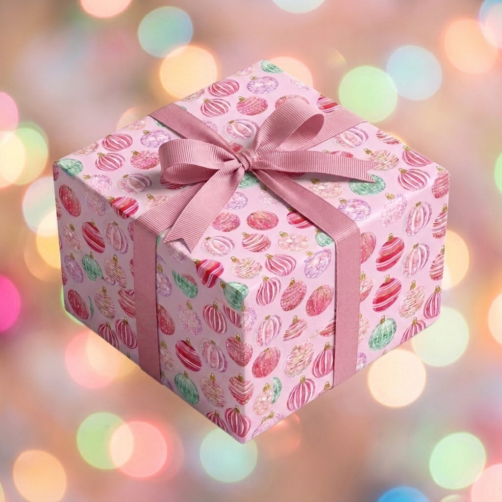 Pink holiday gift wrap with watercolor Christmas ornaments and a pink ribbon by Wrapped Studios.