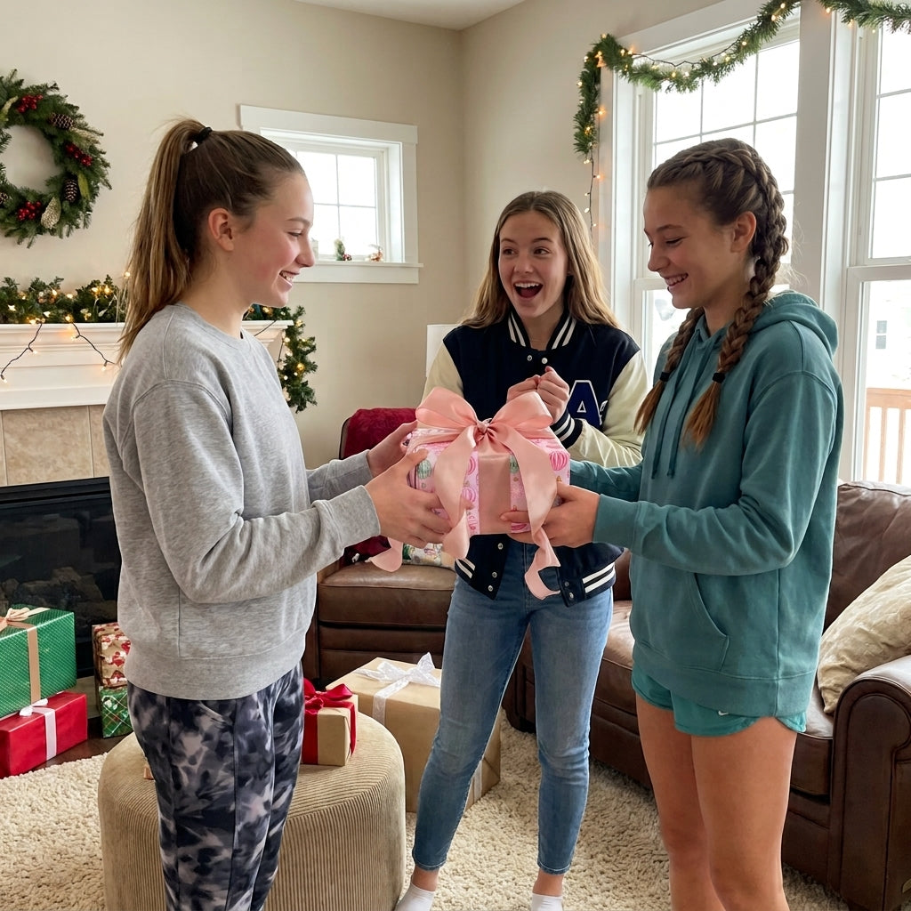 Girls exchange a holiday gift in whimsical pink wrapping paper with a satin bow by Wrapped Studios.