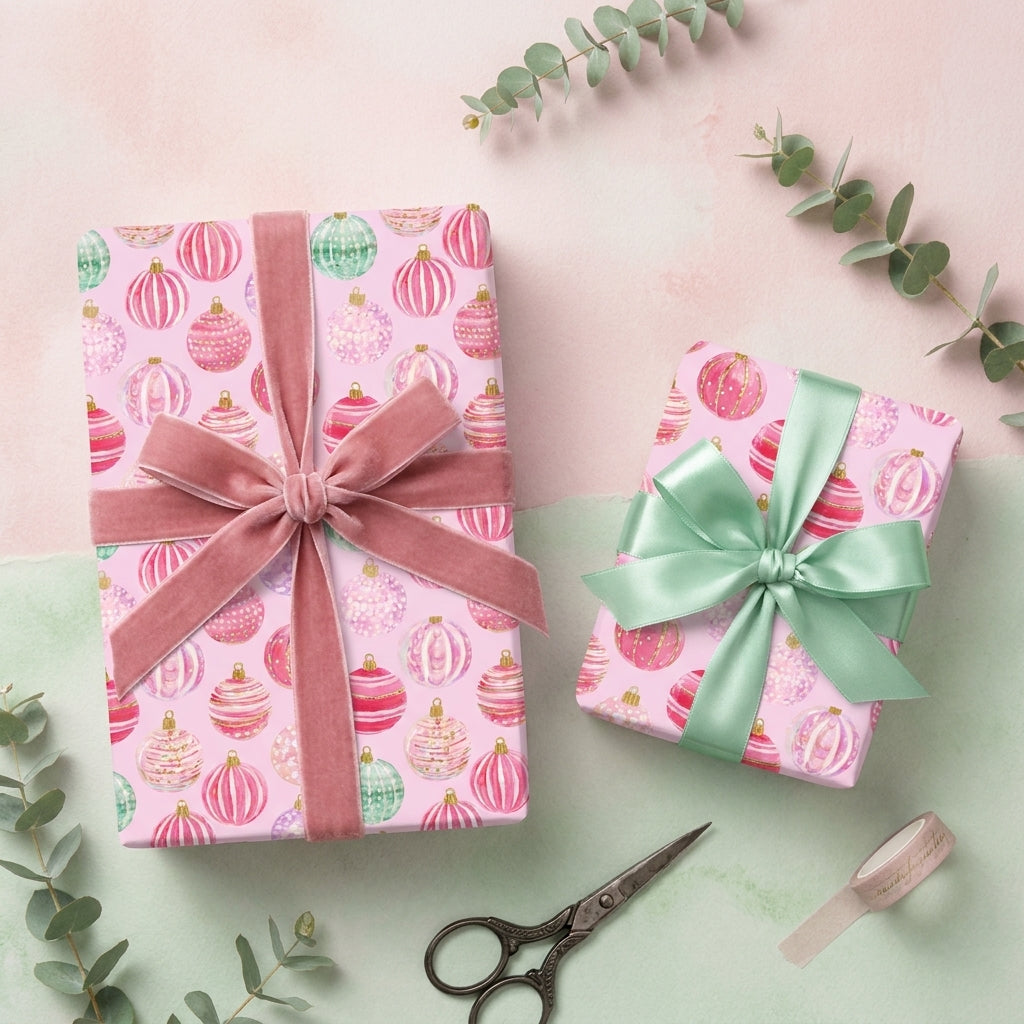 Pink Christmas wrapping paper with pastel watercolor ornaments and luxury velvet ribbon by Wrapped Studios.