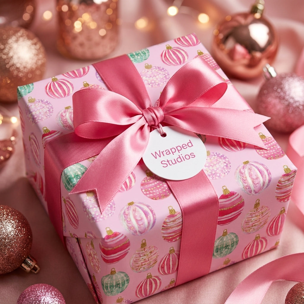 Pink Christmas wrapping paper with ornament pattern and satin bow, by Wrapped Studios.