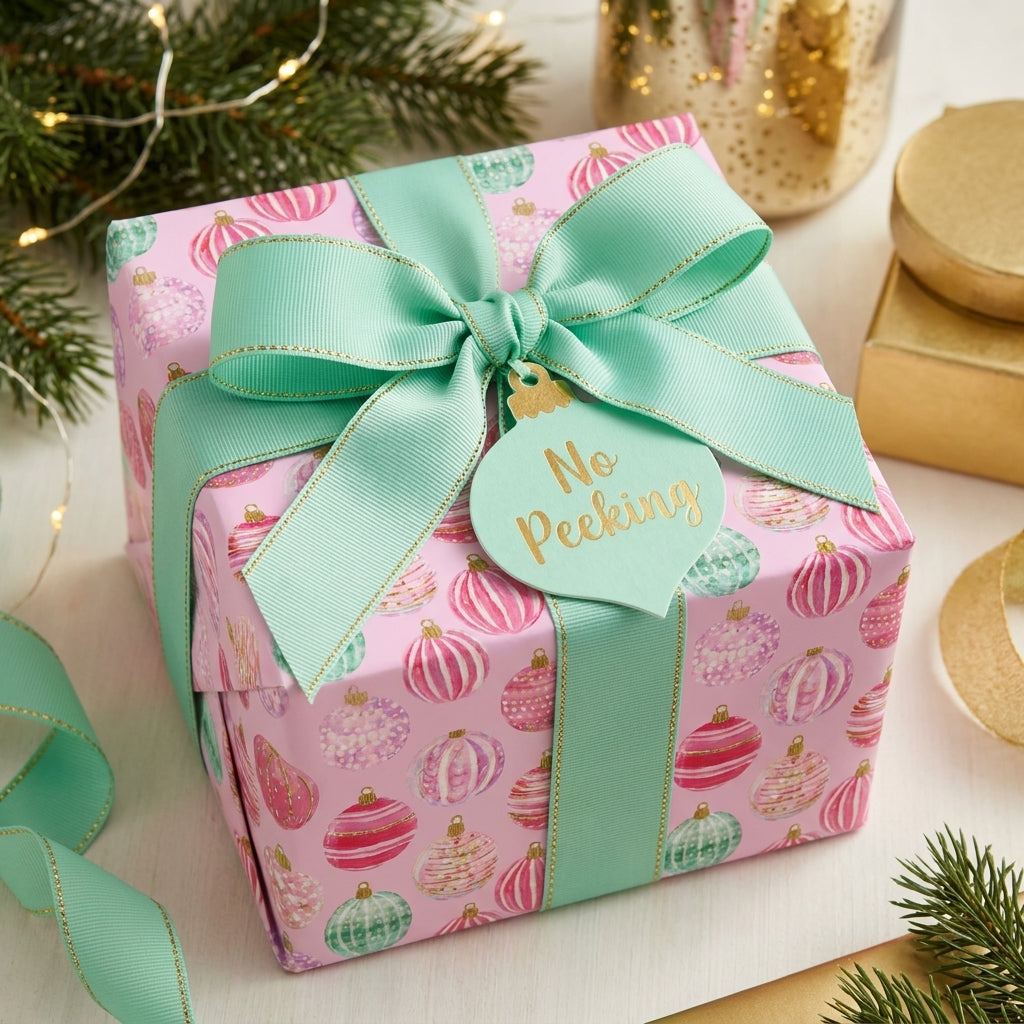Pink ornament Christmas gift wrap with a mint green bow and 'No Peeking' tag by Wrapped Studios.