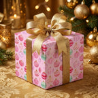 Pink Christmas gift wrap with watercolor ornaments and a luxury gold ribbon by Wrapped Studios.