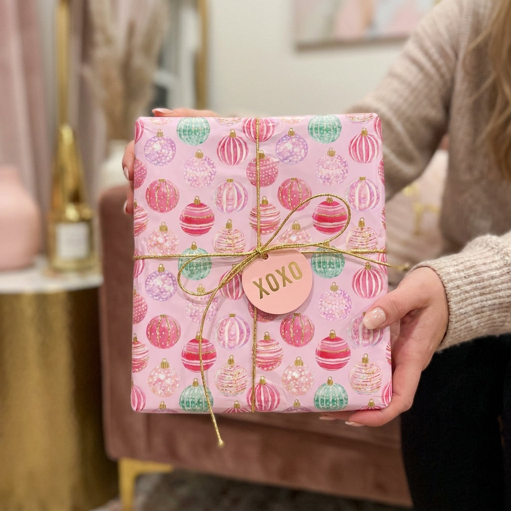 Pink Christmas wrapping paper with cute holiday ornament patterns and a gold bow, from Wrapped Studios.