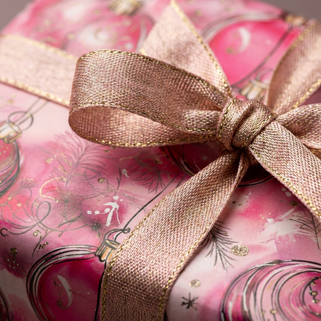 Pink Christmas wrapping paper with ornament pattern and rose gold ribbon from Wrapped Studios.