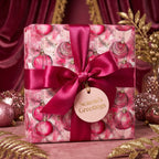 Elegant Christmas gift wrapped in pink bauble patterned wrapping paper and magenta ribbon. Wrapped Studios.