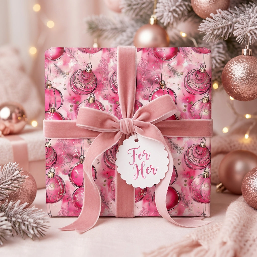 Elegant pink Christmas gift wrap with ornament pattern and velvet ribbon.