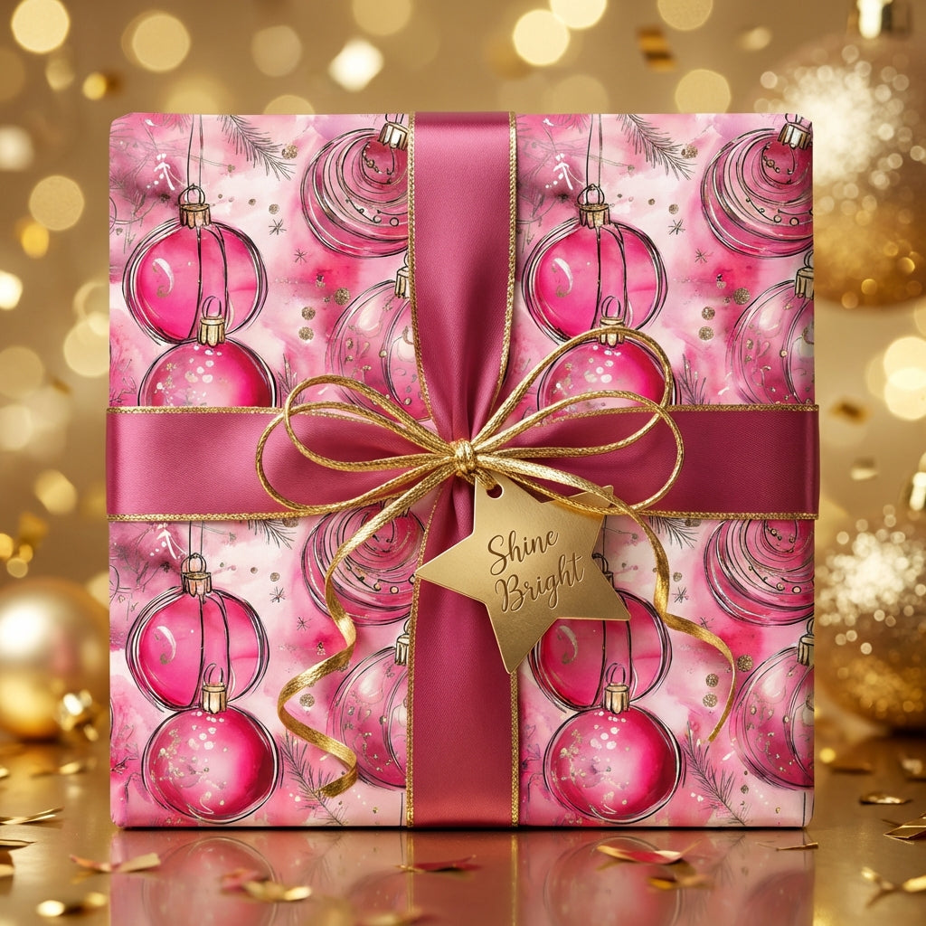 Christmas gift wrapped in pink ornament pattern paper with satin ribbon and gold bow.