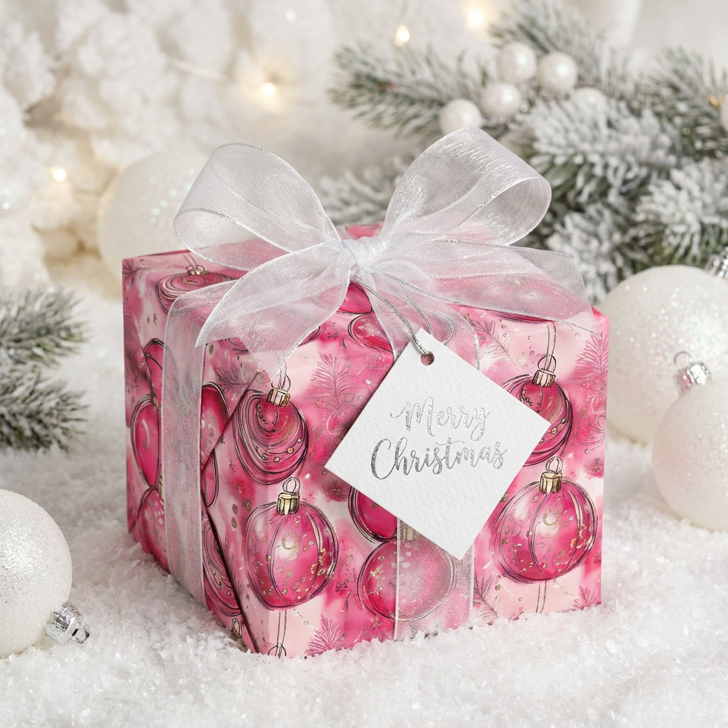 Elegant Christmas gift wrapped in pink ornament wrapping paper with sheer white ribbon.