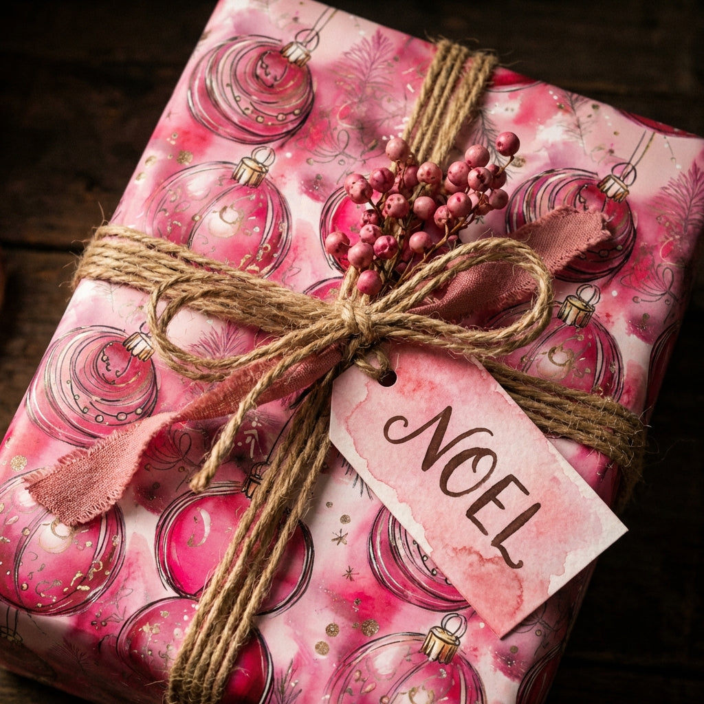 Elegant pink Christmas wrapping paper with ornament design, rustic twine bow, and "Noel" tag.