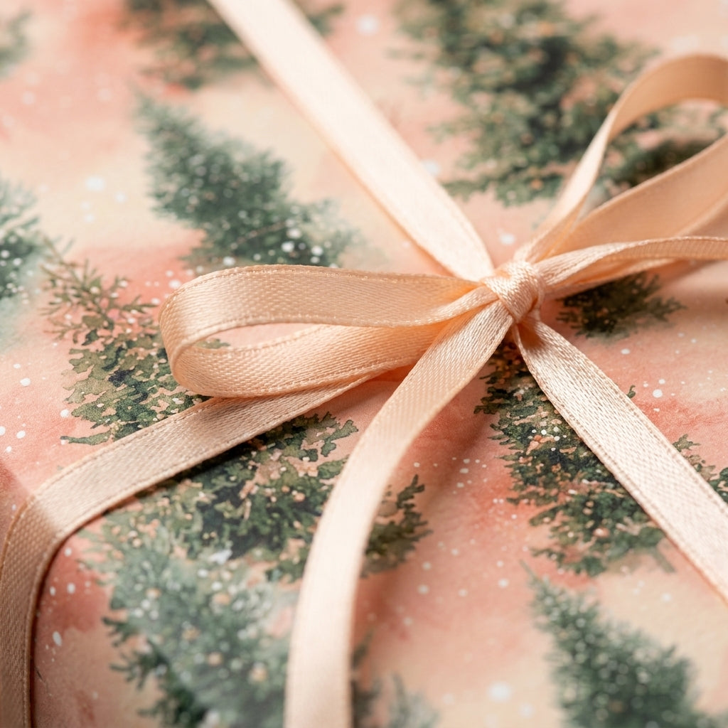 Blush pink Christmas wrapping paper with watercolor pine trees and satin ribbon bow by Wrapped Studios.