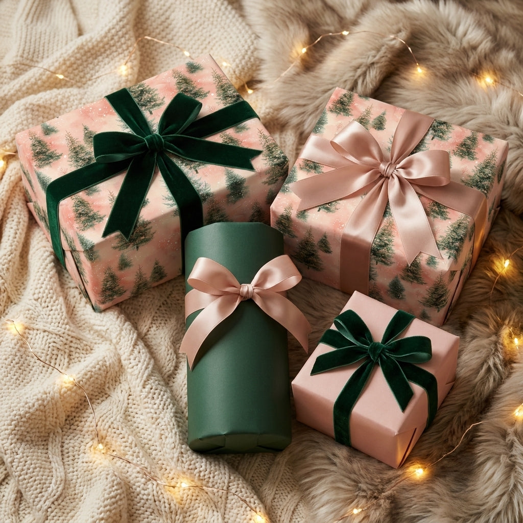Elegant pink Christmas wrapping paper with pine tree pattern and velvet bows by Wrapped Studios.
