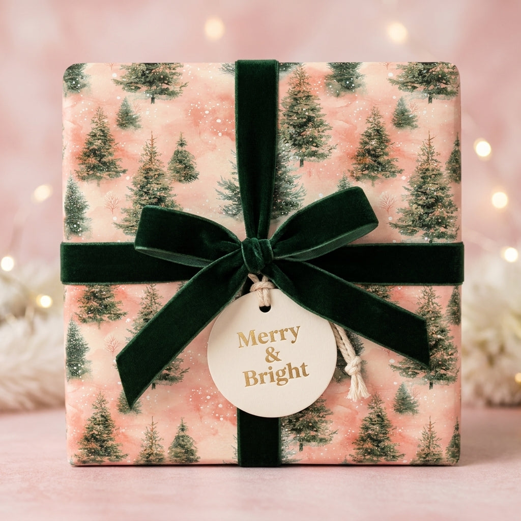 Luxury pink Christmas wrapping paper with watercolor pine trees and a green velvet bow by Wrapped Studios.