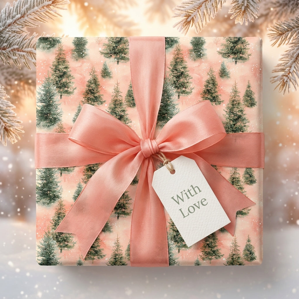 Elegant pine tree pink Christmas wrapping paper with a peach satin bow and gift tag by Wrapped Studios.