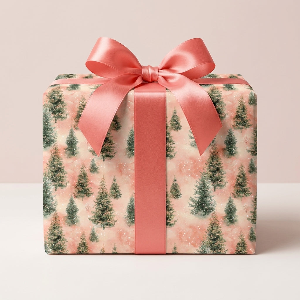 Pink Christmas tree wrapping paper with a coral satin bow on a gift box by Wrapped Studios.