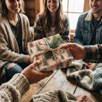 Cozy holiday gift exchange featuring rustic pink pine tree Christmas wrapping paper by Wrapped Studios.