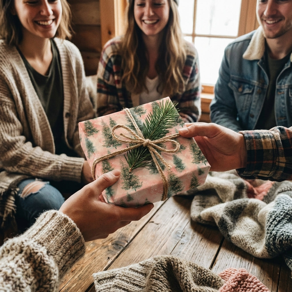 Cozy holiday gift exchange featuring rustic pink pine tree Christmas wrapping paper by Wrapped Studios.