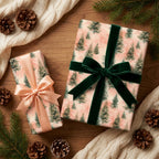Pink pine tree Christmas gift wrap with a green velvet bow by Wrapped Studios.