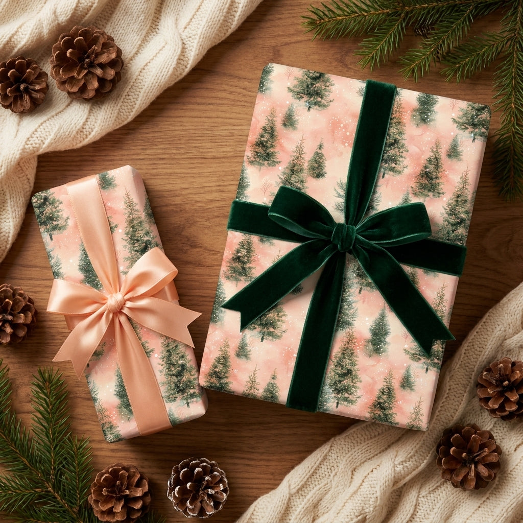Pink pine tree Christmas gift wrap with a green velvet bow by Wrapped Studios.