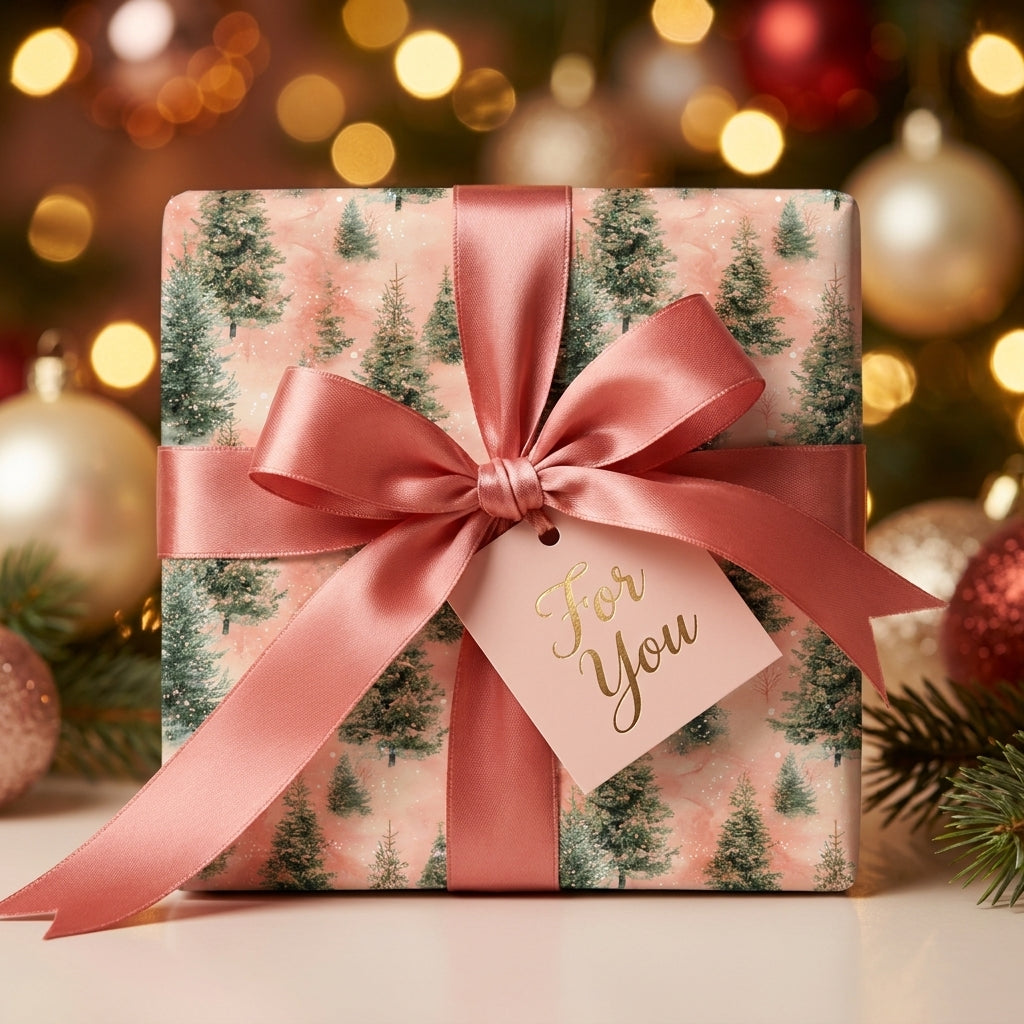 Pink Christmas wrapping paper with pine tree pattern and dusty rose satin bow by Wrapped Studios.
