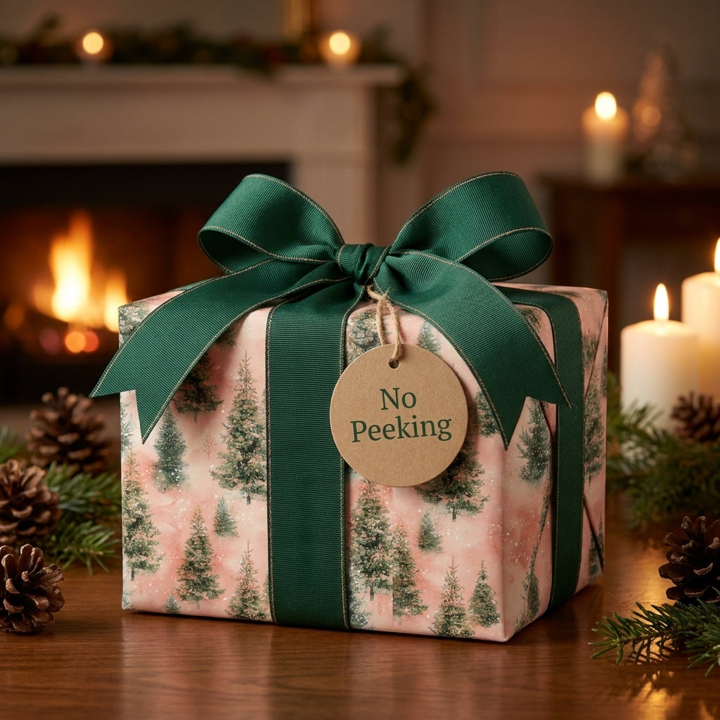 Pink Christmas gift wrap with green pine trees, ribbon, and "No Peeking" tag by Wrapped Studios.